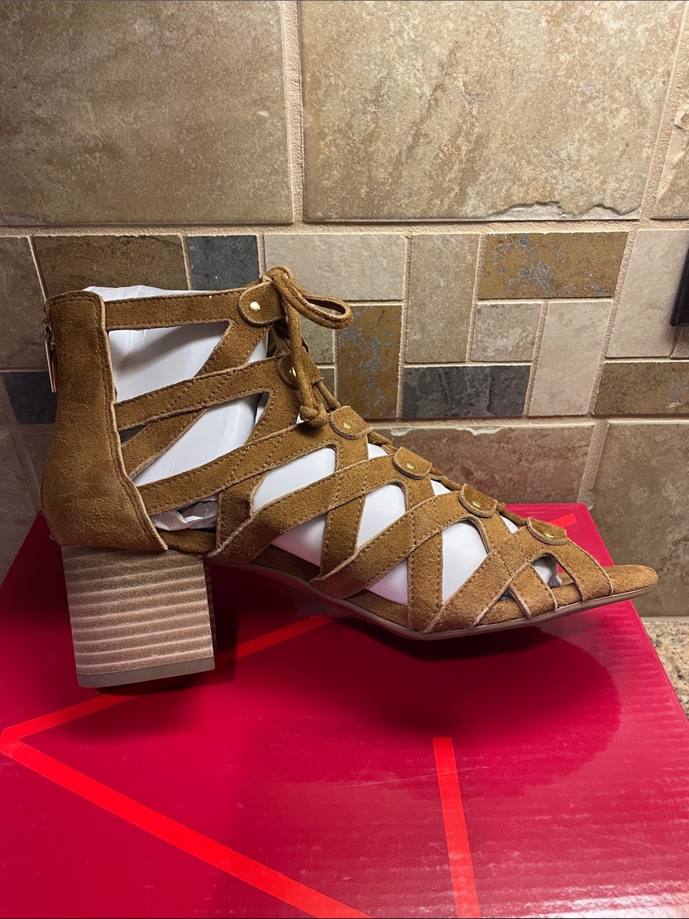 AEROSOLES Brown Suede Lace-Up Gladiator Heels - Picture 3 of 6